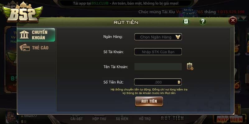 Điều kiện rút tiền thưởng trên cổng game B52