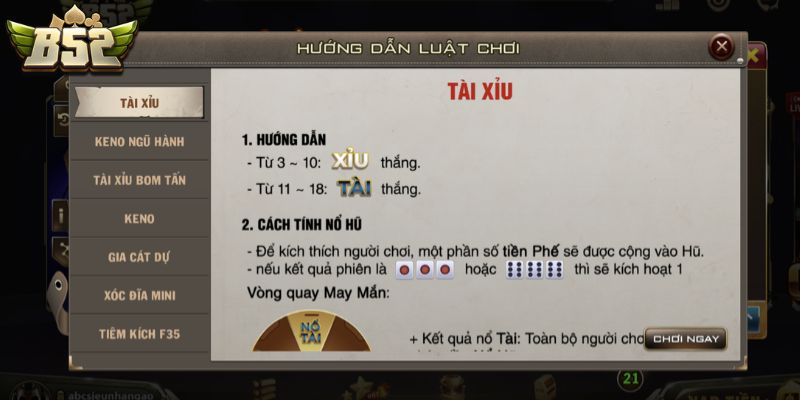 Tài Xỉu B52 Club - Hướng Dẫn Cách Chơi Cho Người Mới Tìm hiểu luật chơi tổng quát trong game Tài Xỉu B52